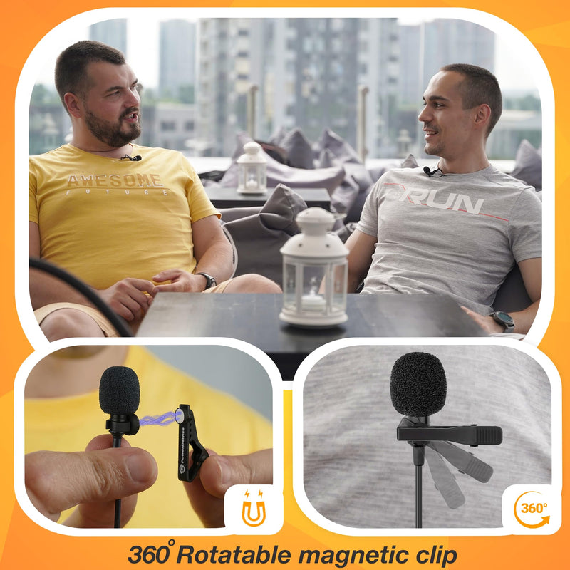 PowerDeWise Professional Grade 2 Lavalier Clip-On Microphones Set for Dual Interview - Double Lav Lapel Microphone - Use for iPhone Phone Camera - Video Recording Noise Cancelling 3.5mm Mic Black