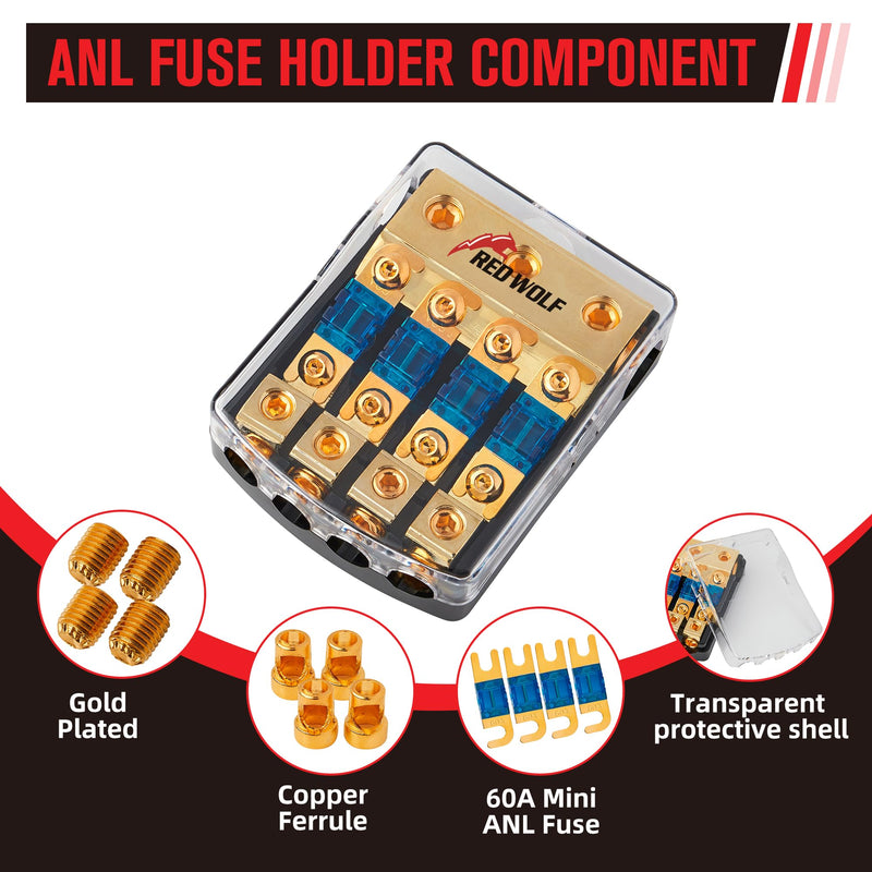 RED WOLF 2 Way & 4 Way Fuse Holder 60A, 0/2/4 Gauge In 4/8 Gauge Out Copper Fuse Distribution Block for Car Boat Trolling Motor Marine Audio Amplifier Stereo Video System 12V