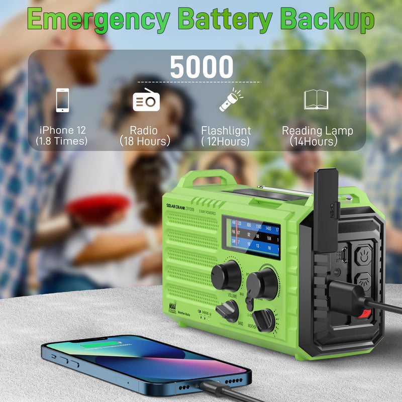 [AUSTRALIA] - Emergency Weather Radio – 18500mWh Portable AM/FM/SW/NOAA Radio with Solar Hand Crank, Rechargeable Battery, USB Charger, LED Flashlight, Reading Light, and SOS Alarm, for Home Outdoor (Green) Green 