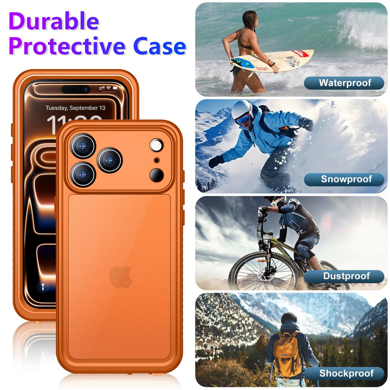Compatible with iPhone 17 Pro Max Case,Waterproof Built-in Screen & Camera Protector IP68 Underwater Full Body 17FT Military Dropproof Shockproof Phone Case 6.9"-Orange/Clear Orange for iPhone 17 Pro Max 6.9"