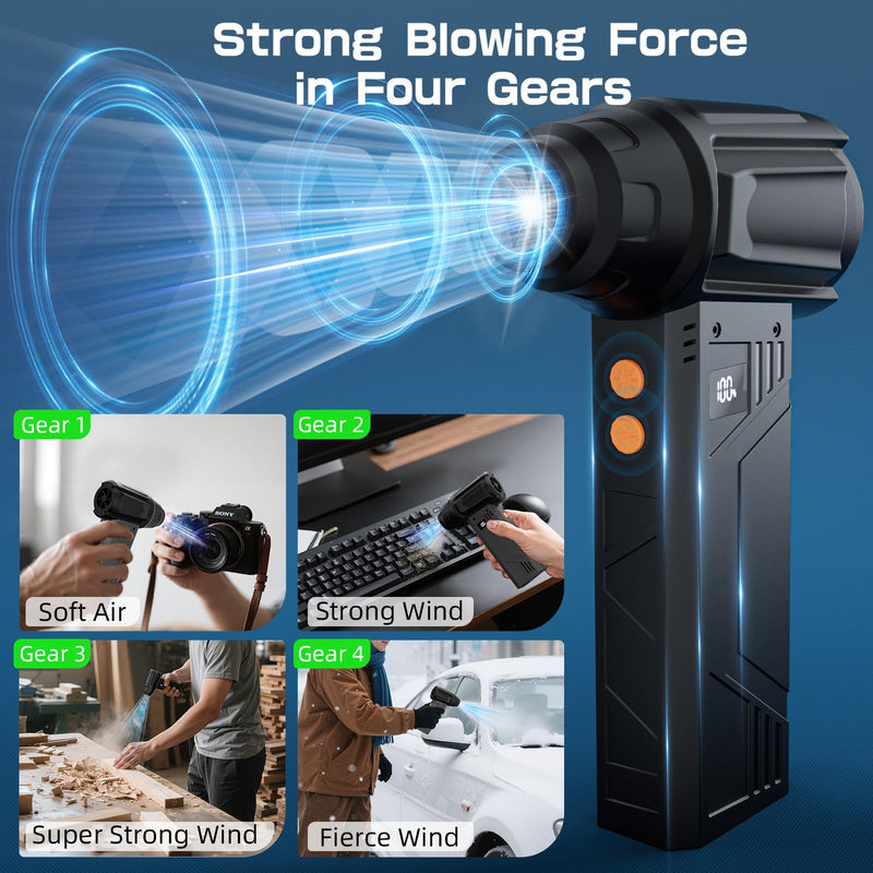 [AUSTRALIA] - Compressed Air Duster with Flashlight,180000RPM Electric Air Duster,4-Gear with Display High-Speed Electric Duster with Multi-Purpose Nozzles for Computer, Keyboard, Outdoor, House and Car 