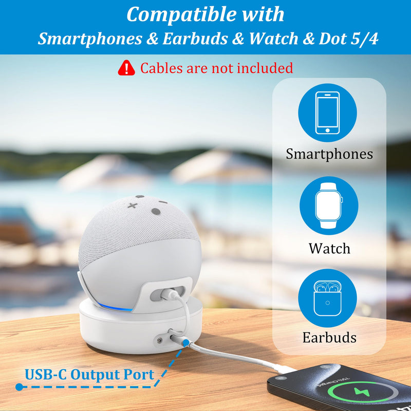 PlusAcc Battery Base for Dot 5th Gen & Dot 4th Gen & Cellphones - 5000 mAh Portable Charger Stand Holder, Rechargeable Charging Dock Station for Dot 5 & Dot 4 & Smartphones & Earbuds (White) White