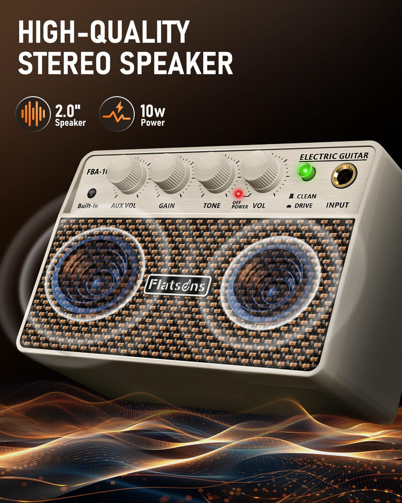 FBA-10 Guitar Amp, 10W Mini Electric Guitar Amplifier with Clean/Drive Channel, 6H Working, USB-C Rechargeable, 3.5mm Headphone/AUX Jack, Wireless Portable Amp for Indoor Practice (White) White