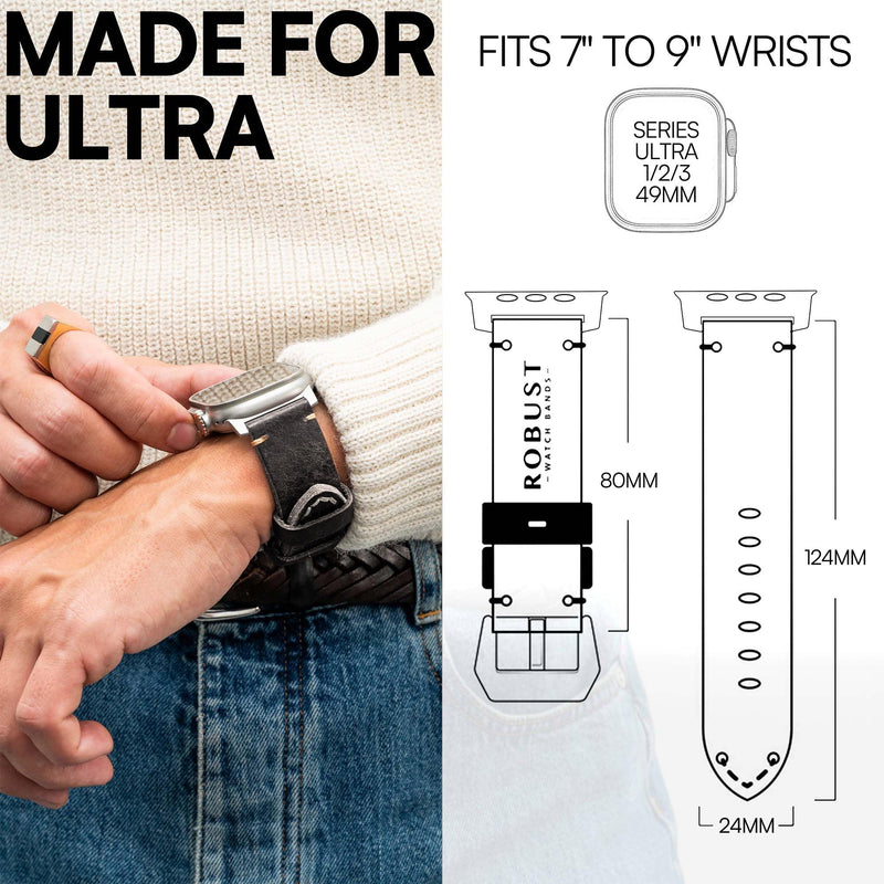 ROBUST Genuine Leather Watch Band for Men - Compatible with Apple Watch Bands 49mm - Replacement Strap for iWatch Ultra 2/1 SE, SE 2 Series 10 9 8 7 6 5 4 Black Leather