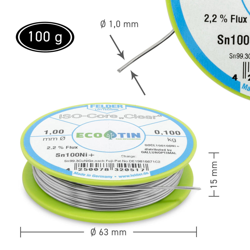 GALLUNOPTIMAL Solder Tin ISO Core Soldering Wire Clear Sn100Ni+ Sn99.3CuNiGe 1 mm on 100 g Spool Made by Felder GmbH in Germany