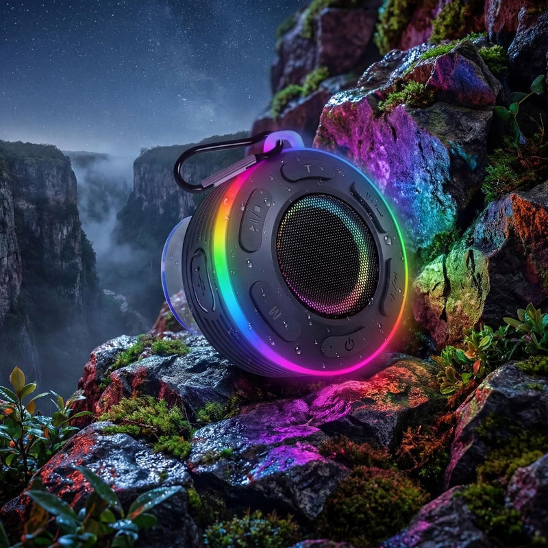 [AUSTRALIA] - Portable Bluetooth Speaker with vibrant led lights, IPX6 Waterproof, Loud Stereo Sound,Hands-Free Calling/Radio, for Shower, Beach, Outdoors, Over 10 H Playtime, Mini/Small, Suction Cup & Hook 