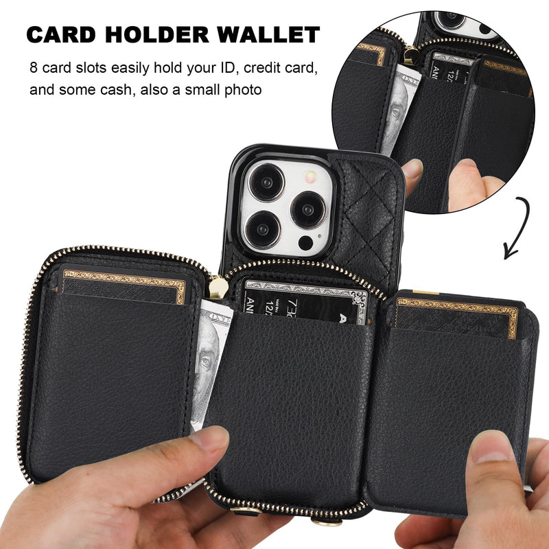 [AUSTRALIA] - Bocasal Crossbody Wallet Case for iPhone 15 Pro, RFID Blocking PU Leather Zipper Handbag Purse Flip Cover, Kickstand Folio Case with Card Slots Holder Wrist Strap Lanyard 5G 6.1 Inch (Black) Black 