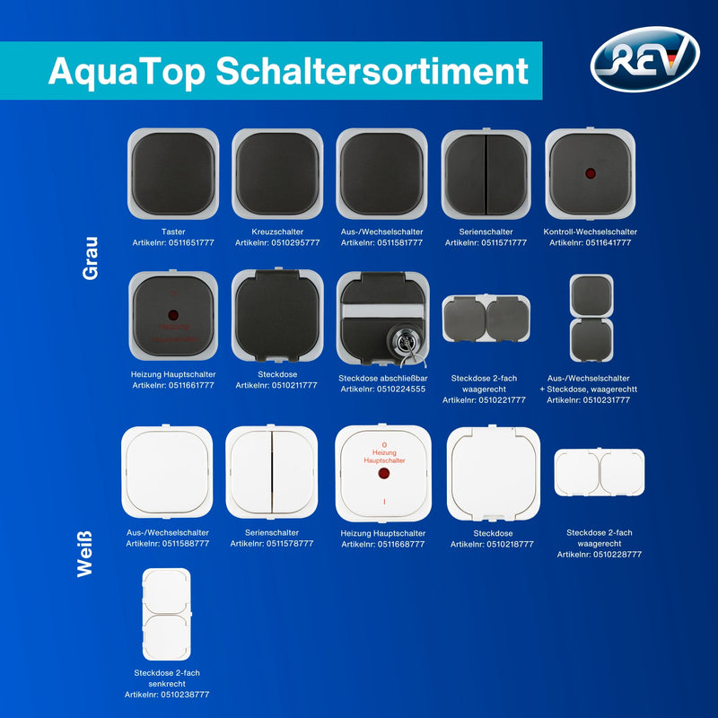 REV AquaTop Wet Room Socket, IP44, Single Pole, Pre-Wired, Surface-Mounted, Grey 2-way socket pre-wired