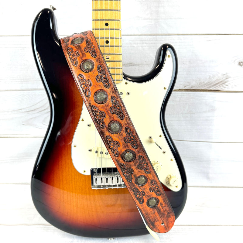 Walker & Williams GE-202 Antique Amber Tan Padded Guitar Strap with Brass Coin Studs, Brass Buckle, And Celtic Tooling For Acoustic, Electric, And Bass Guitars