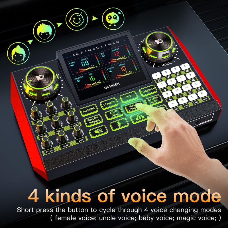 Tenlamp G9 Podcast Equipment Audio Mixer, Live Sound Card Console with Microphone 3.5/6.35mm Audio Interfaces, Voice Changer, Noise Reduction