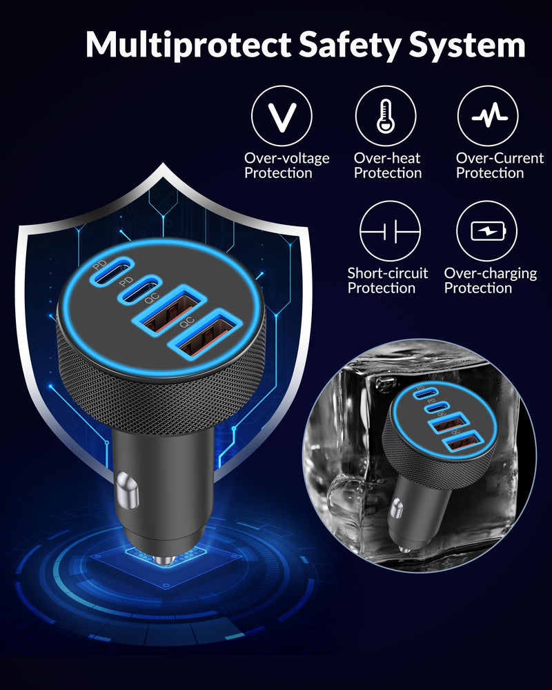 iPhone 17 16 15 Car Charger Fast Charging, 90W 4Port USB C Fast Car Charger | Cigarette Lighter Adapter, with 240W 3FT USB-C Cable, for iPhone 17/17 Pro Max/17e/16/15 Pro Max/Plus, iPad, Android, 2 Pack Matte Black Car Charger x2 + Cablex2