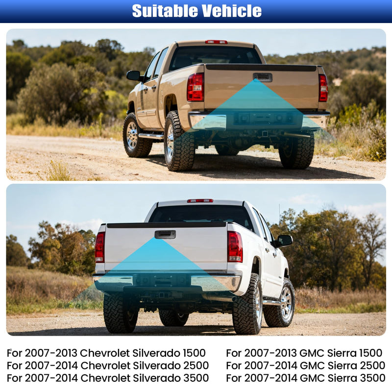 CAMECHO Tailgate Handle Back up Camera for 2007-2014 Chevrolet Chevy Silverado GMC Sierra 1500 2500 3500, IP67 Waterproof IR Night Vision Light Wide Angle AHD/CVBS/PAL Rear View Backup Camera Kit