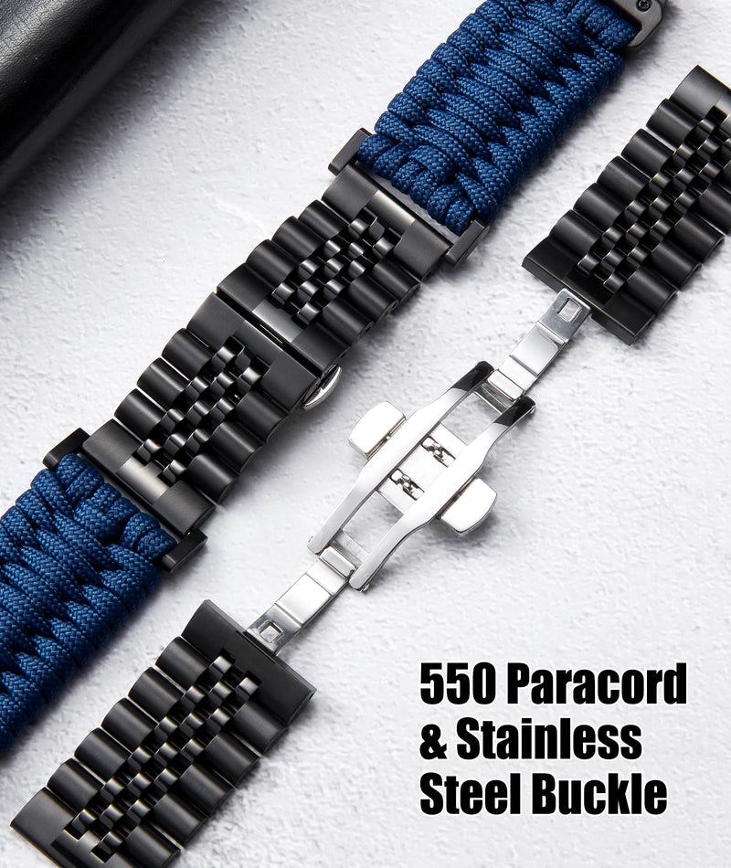 BINLUN Compatible with Garmin Watch Band 22mm Braided 550 Paracord Stainless Steel Sport Strap Fit for Quickfit Fit for Fenix