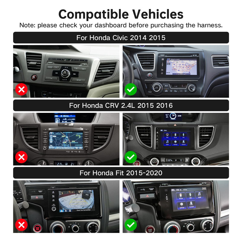 16PIN Stereo Wiring Harness for Honda CRV 2.4L 2015-2016 Civic Fit | Retain Factory LaneWatch, Backup Camera, USB and Steering Wheel Controls, For Android Head Unit Plug & Play Easy Install CAN021-R for High Config