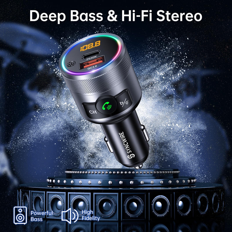 Syncwire Bluetooth 5.4 FM Transmitter for Car, 38W PD&QC3.0 Dual USB Charging Bluetooth Car Adapter Microphone & Bass Sound MP3 Music Player FM Kit with Hands-Free Calling Silver