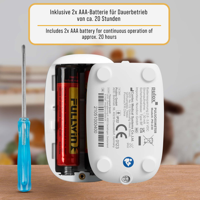 Pulox PO-230 Finger Pulse Oximeter for Children in Yellow, Measurement of SpO2 and Pulse in Seconds - with Stickers to Stick Yourself