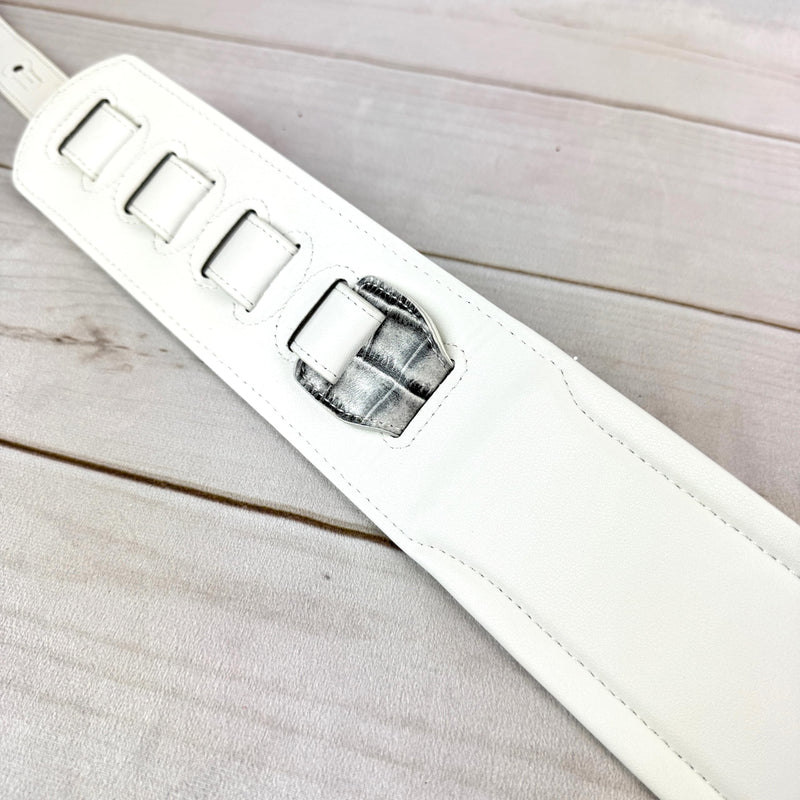 Walker & Williams F-23 Black Water Alligator Strap 3" Wide With Arctic White Padded Glove Leather Back For Acoustic, Electric, And Bass Guitars
