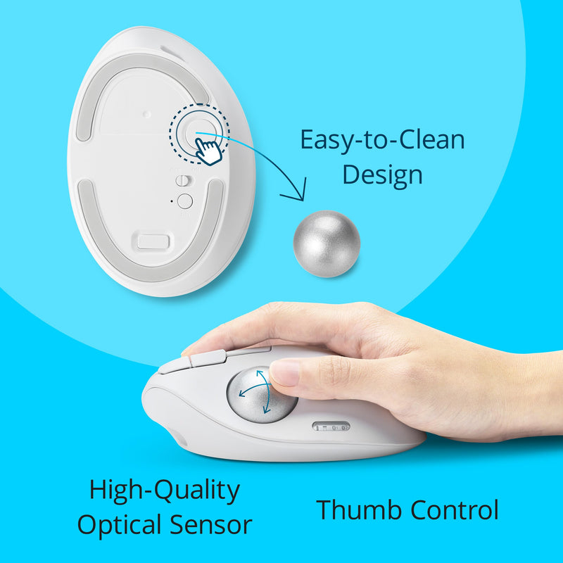 Kensington TB550 Wireless Trackball Mouse, Rechargeable Battery, Bluetooth(LE) & 2.4GHz Wireless Connections, Ergonomic Design, 4D Scroll Wheel, 128-bit AES Encryption, White-Silver (K72180WWVN)