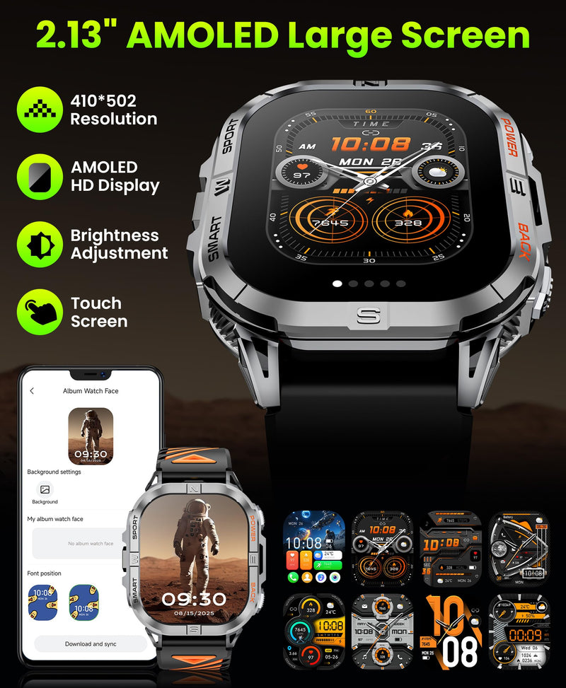 Joautrial Military Smart Watch for Men Built-in GPS with LED Flashlight Compass, 2.13" AMOLED Tactical Smart Watches with Answer/Make Calls, 3ATM Waterproof Fitness Tracker for iPhone Android (Black) Black