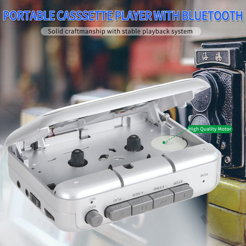 Portable Cassette Player Recorder with Bluetooth Transmitter, Walkman Cassette Tape Player with Headphone Jack, Build-in Speaker, Microphone Jack, Powered by AC Adapter or AA Battery Sliver