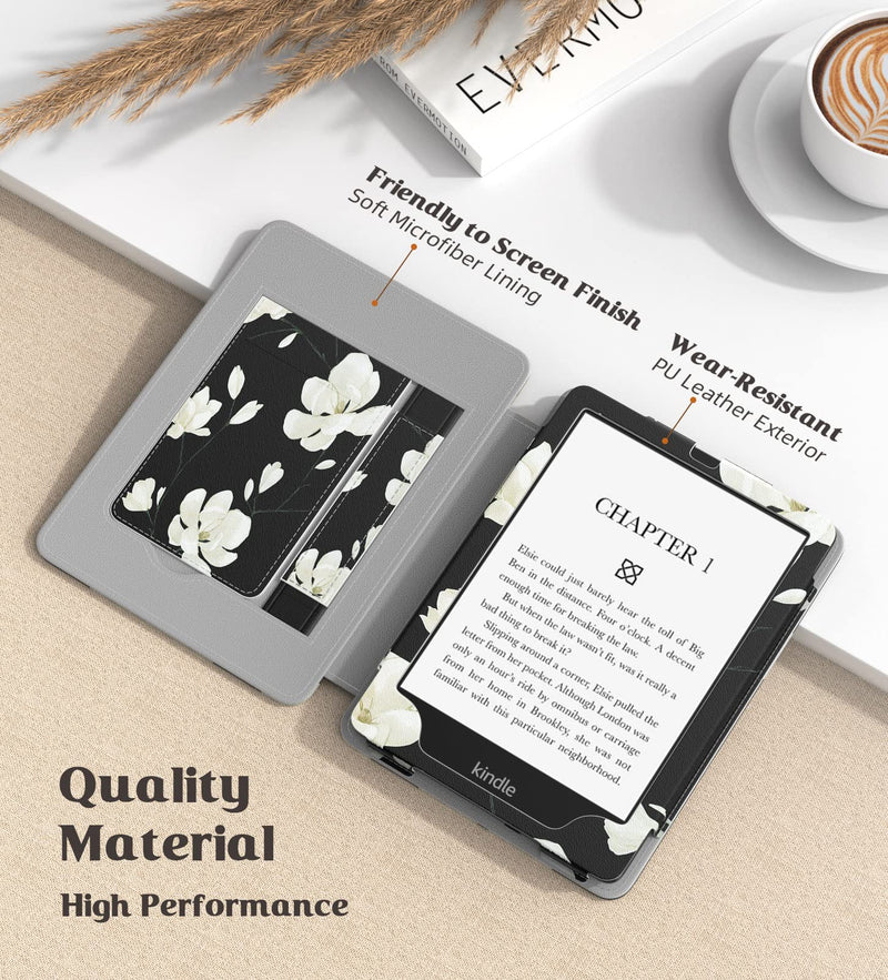 Moko Case for 6.8" Kindle Paperwhite (11th Generation-2021) and Kindle Paperwhite Signature Edition, Slim PU Shell Cover Case with Auto-Wake/Sleep for Kindle Paperwhite 2021, Black & White Magnolia