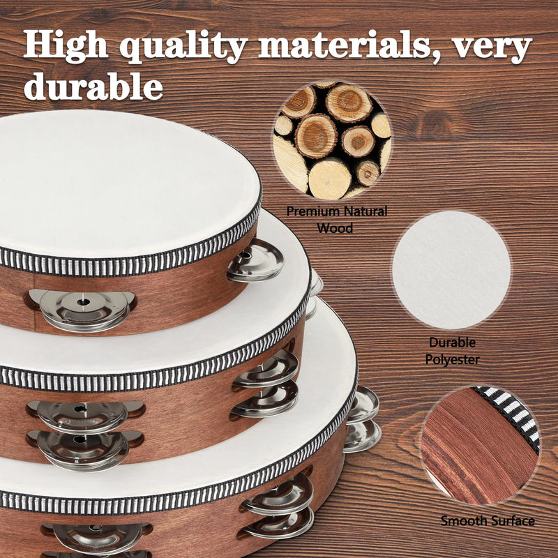 Wooden Hand Held Percussion Tambourine with Storage Bag - 6+8+10 Inches, Ideal for Church, Wedding, Party, Dance, Photo Shoot 6"+8"+10"