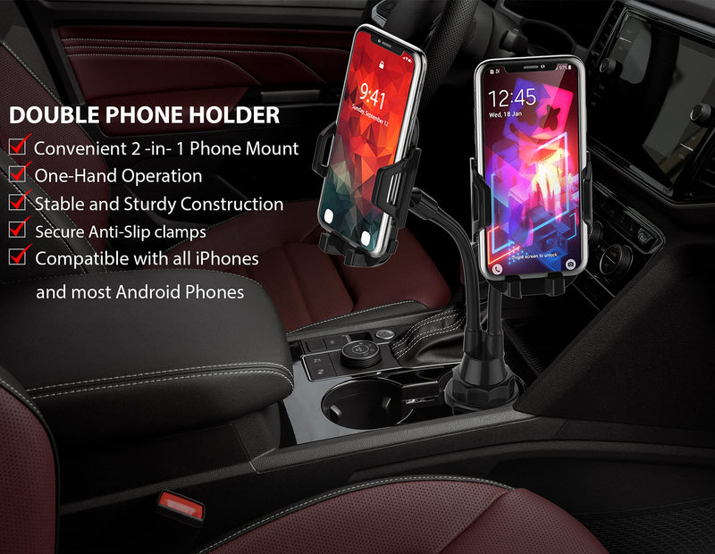 Dual Phone Holder for Car Cup Holder – Long Flexible Neck, 360° Rotatable Car Phone Mount - Adjustable Cell Cup Holder, Universal Size Fits 2 iPhone, Samsung, GPS and More (Cradle) Cradle Holders
