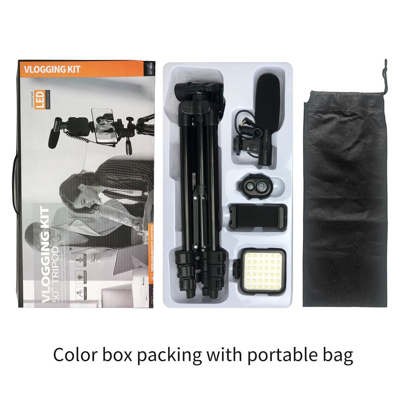 Smartphone Video Kit, Vlogging Kit, Youtuber Kit, with Microphone Light Tripod 50" Extendable Phone Clip Remote Control Compatible with iPhone/Smartphone/Cameras