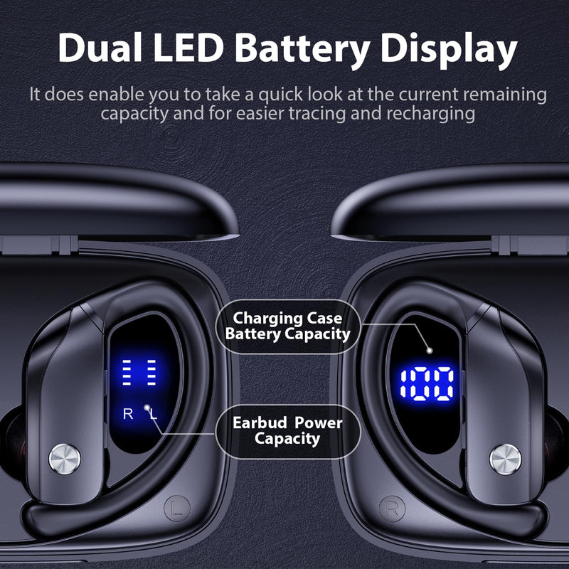bmani 2 Sets Wireless Earbuds Bluetooth Headphones 48hrs Play Back Sport Earphones with LED Display Over-Ear Buds with Earhooks Built-in Mic Headset for Workout Black + Green