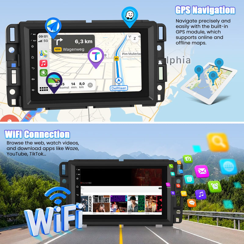 Android 15 Car Radio for Chevrolet Silverado GMC Sierra Yukon 2007-2013, 7" WiFi+GPS Head Unit,Wireless A-pple CarPlay Android Auto,4-Core 64G EQ, Bluetooth, FM/RDS Backup Cam SWC+ Canbus 2GB RAM+64GB ROM