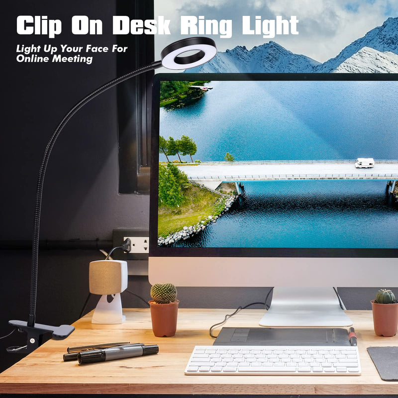 LED Desk Lamp with Clamp for Video Conference Lighting, USB Light for Laptop Zoom Meeting, Clip on LED Ring Light for Computer Webcam Lighting Dimmable Black