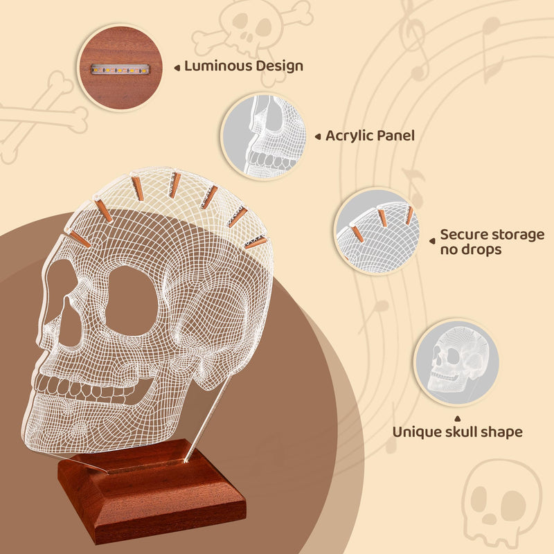Light Up Guitar Pick Holder, Acrylic Skull Pick Holder with Wooden Base for Picks Storage and Display, Gift for Guitar Players Guitarists