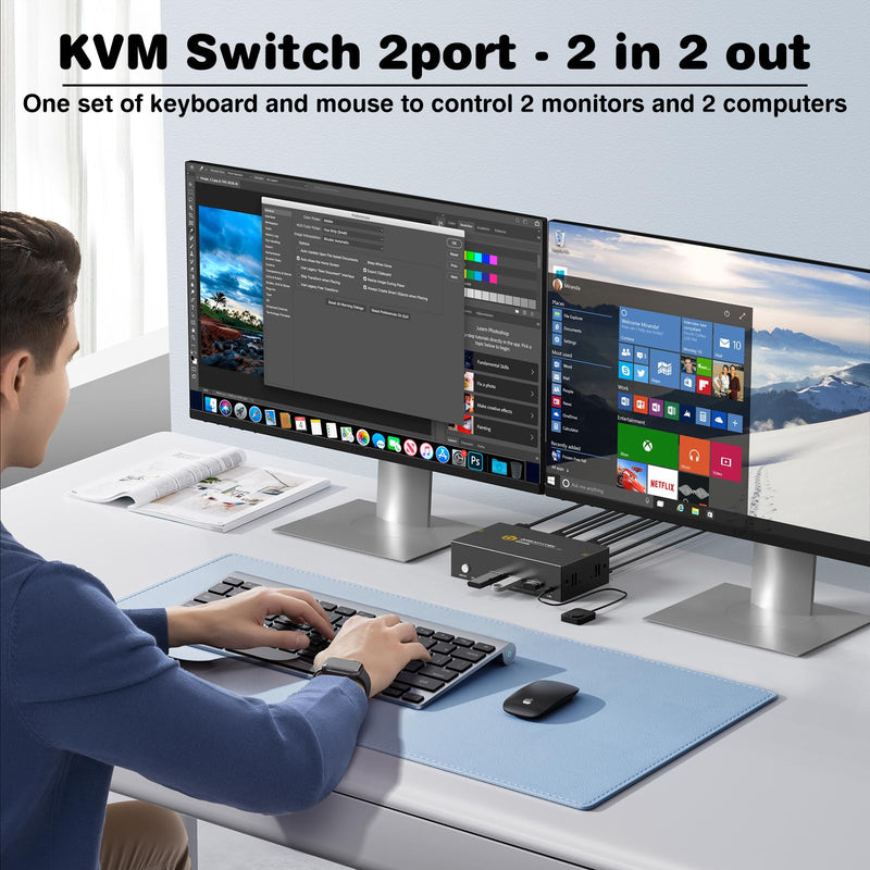 8K HDMI KVM Switch 2 Monitors 2 Computers,8K@60HZ USB3.0 Dual Monitors KVM Switches for 2 PC/Laptops Share Mouse Keyboard and 2 Screens,with 2 USB Cables/Controller,EDID Adapative,Plug&Play Deep Blue