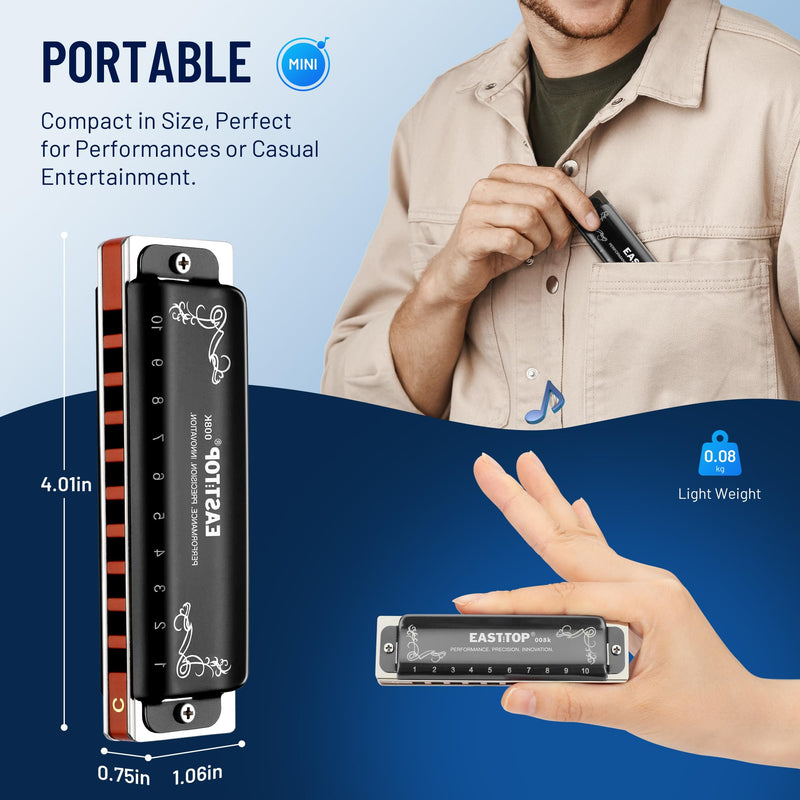 [AUSTRALIA] - East top Harmonica C, Updated Diatonic Blues Deluxe Harmonica C Key 10 Holes 20 Tones Professional Diatonic Mouth Organ, harmonica for Adults, Professionals, Beginners and Students as gift black 