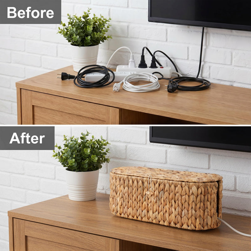 Set of 2 Cable Management Box, Handwoven Cord Hider Box with 3 Open Slots | Cable Organizer Box with Lockable Lid, Cord Storage Box to Hide Power Strip, Router, USB Hub, TV Wires for Home, Office Water Hyacinth