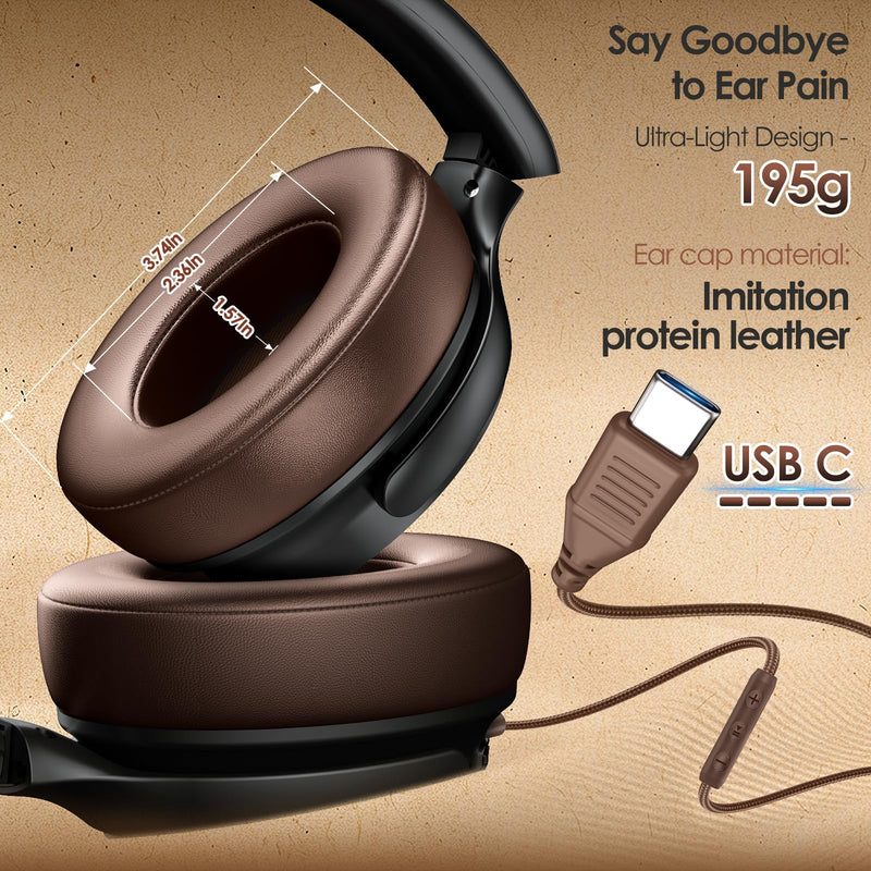 [AUSTRALIA] - USB C Headphones Wired Headphones Over Ear with HD Mic, Foldable Active Noise-Canceling Headphone for iPad/Sports/School/Travel/iPhone 17/16/15, Samsung S25/S24, Google Pixel 9,Ideal Gifts-Brown Brown 