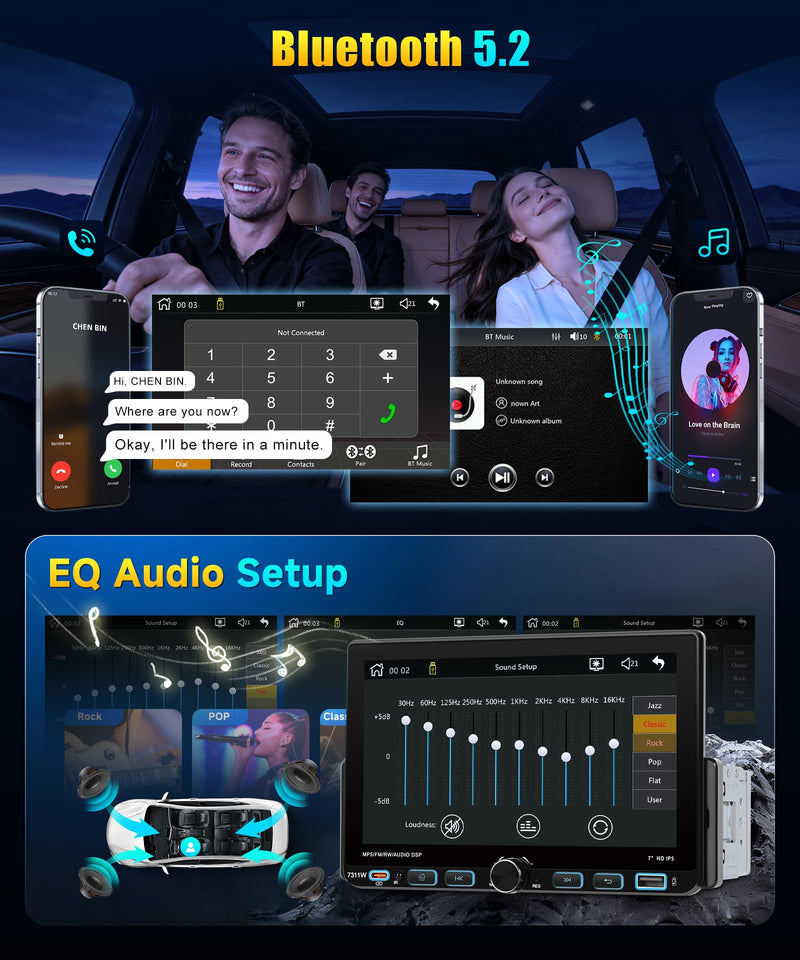 Single DIN Car Stereo with Wireless CarPlay & Android Auto, 7-Inch Touchscreen Car Radio with AM/FM/RDS, Bluetooth 5.0, SWC, Backup Camera, USB-C, Mirror Link