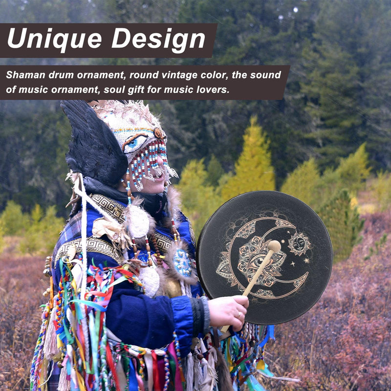Shaman Drum 10 Inch Wood Frame Drum with Drum Stick Vegetarian Shaman Hand Drum Sound Healing Tool For Spiritual Music, Reflection(Black)