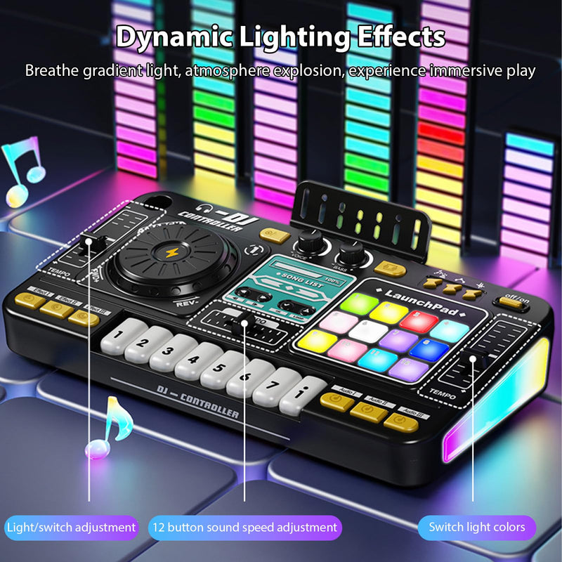 Kids DJ Controller DJ Mixer Table DJ Equipment with BT 5.0 Adjustable Microphone 8 Electronic Keyboard Buttons 3 Disc Sound Effects 12 MIDI Songs Light-Up Whack-A-Mole Game Black