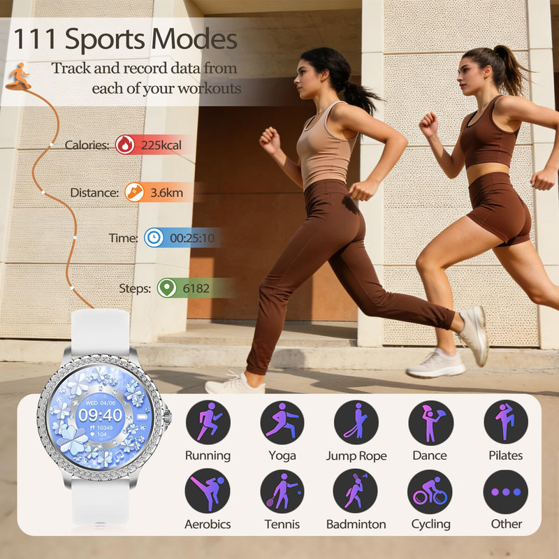 Smart Watch for Women with Diamonds, Bluetooth Calls, 1.32'' Full HD Screen Fitness Tracker with Multiple Sports Modes/Heart Rate/Sleep Monitor, IP68 Waterproof for Android iOS, Elegant Silver