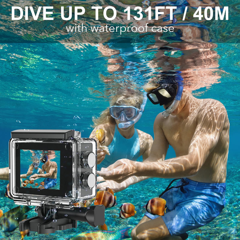 4K Action Camera with 64GB Card 30MP EIS WiFi 131FT Waterproof | 170° wide-angle, 5X zoom, remote control. For biking, snorkeling, helmet. Up to 256GB.2 rechargeable batteries.