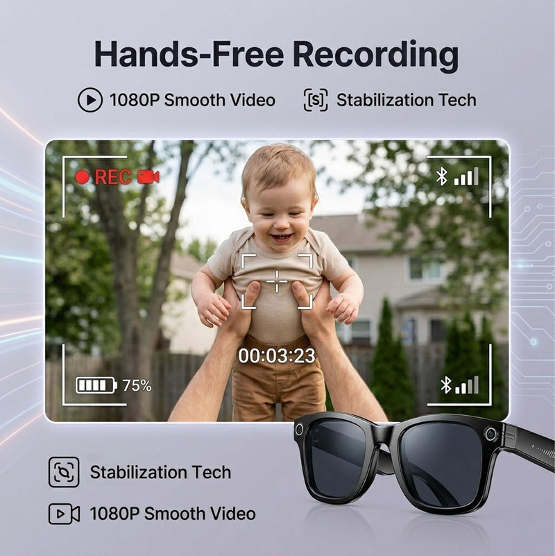 AI Smart Glasses with Camera, 1080P HD POV First-Person View Video Recording and Translator, AI Object Recognition, Bluetooth Audio, 290mAh Battery, Photochromic Lenses for Sports, Travel, Work