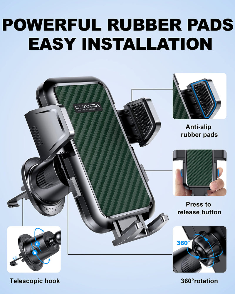 Air Vent Car Phone Holder, Stable Metal Hook, Wide Clamp, Anti-Vibration | Rotatable smartphone mount with one-press release and heat-resistant grip; fits large iPhone and Android phones with cases. AC-Cyan