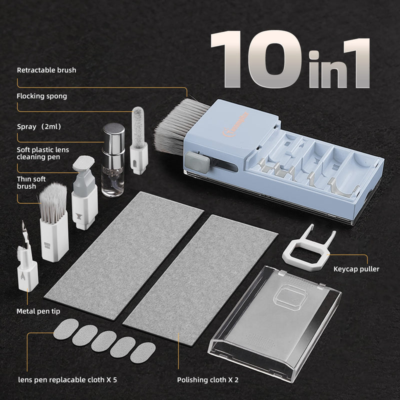 10-in-1 Laptop Keyboard Cleaner Cleaning Kit, Electronics Screen Cleaner Repair Tool with 3 in 1 Earbud Cleaner Pen, Camera Lens Pen, Suit for MacBook iPad, iPhone, Cell Phone, PC Monitor with Patent Morandi Light Blue