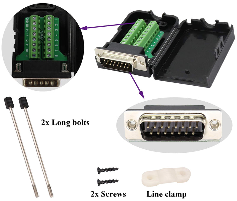 AAOTOKK DB15 Screw Terminal Block Adapter D-SUB 15 Pin 2 Row DB15 Male to 16 Pin/Way Female Serial Terminal Breakout Board Connector Signal Module with case (2Pcak/Male)