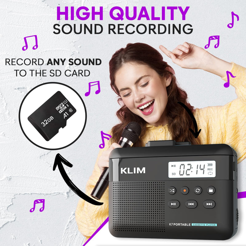 [AUSTRALIA] - KLIM K7 Cassette Tape Player + Cassette to MP3 Converter + Portable Cassette Player + Built-in Microphone & Speaker + Rechargeable Battery + Earphones + 32GB SD Card 32GB Black 