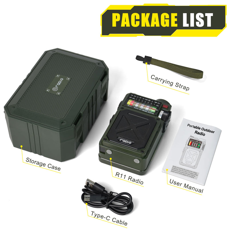 Emergency Crank Radio- Emgykit 4000mAh/14800mWh AM/FM/WB/SW/NOAA Weather Radio with Bluetooth,Flashlight,SOS Alarm, Powered by USB Charged,Hand Crank & Solar Power for Camping, Emergency Green