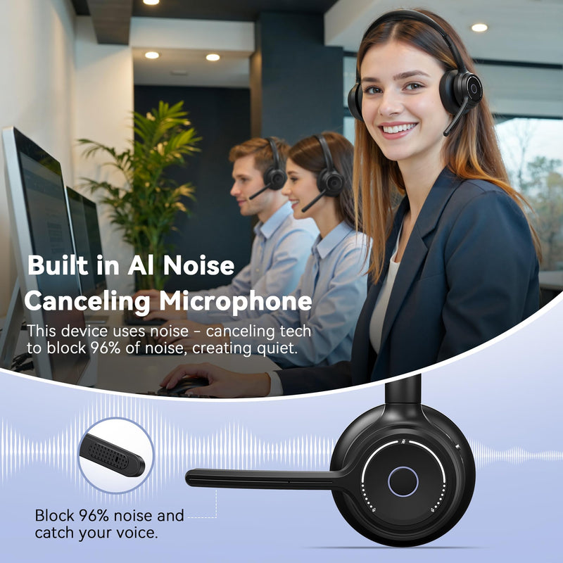 Gixxted (2026 Upgraded) Wireless Headset with Mic for Work, Bluetooth Headset with Noise Canceling Microphone, Wireless Headphones with Mic and USB Dongle and Mute, Fit for Computer/PC/Teams Black