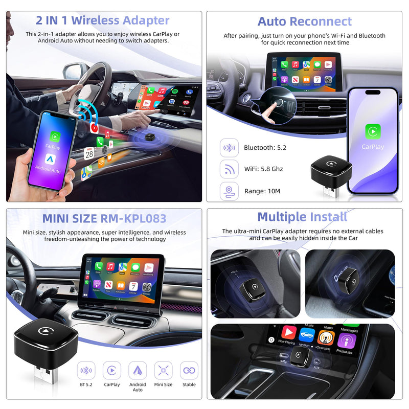 Wireless CarPlay Adapter for iPhone, 2 in 1 Android Auto Wireless Adapter | with CarPlay＆Android, Plug and Play, Fast and Stable Connection RM-KPL083