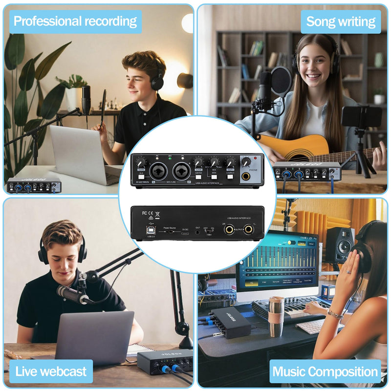 USB Audio Interface for Recording Music, 24-Bit/192kHz, Plug and Play Audio Interface for PC, Mac, and Smartphone – Low Latency, XLR/Line In, Headphone Out